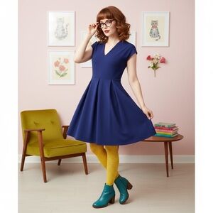 ModCloth A-Line of Work Dress – Blue V-Neck Cap Sleeve Fit & Flare Size L